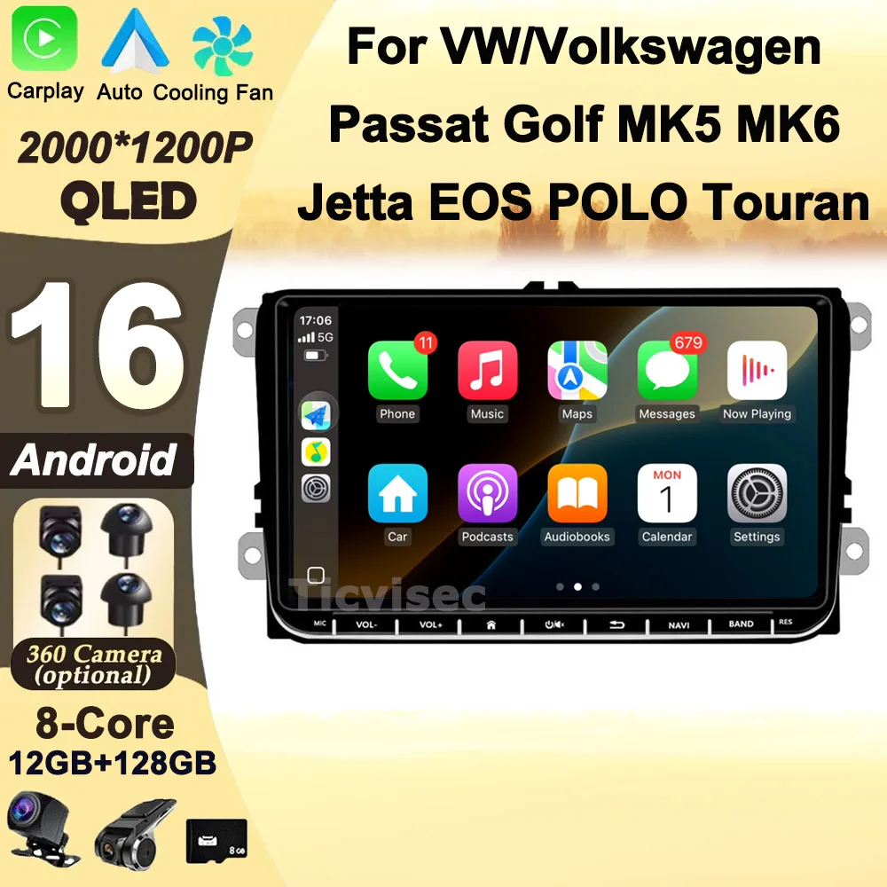 Radio de coche Android 16 de 2 Din, GPS de 9 pulgadas con Carplay para VW/Volkswagen Passat Golf MK5 MK6 Jetta EOS POLO Touran Seat Sharan 1