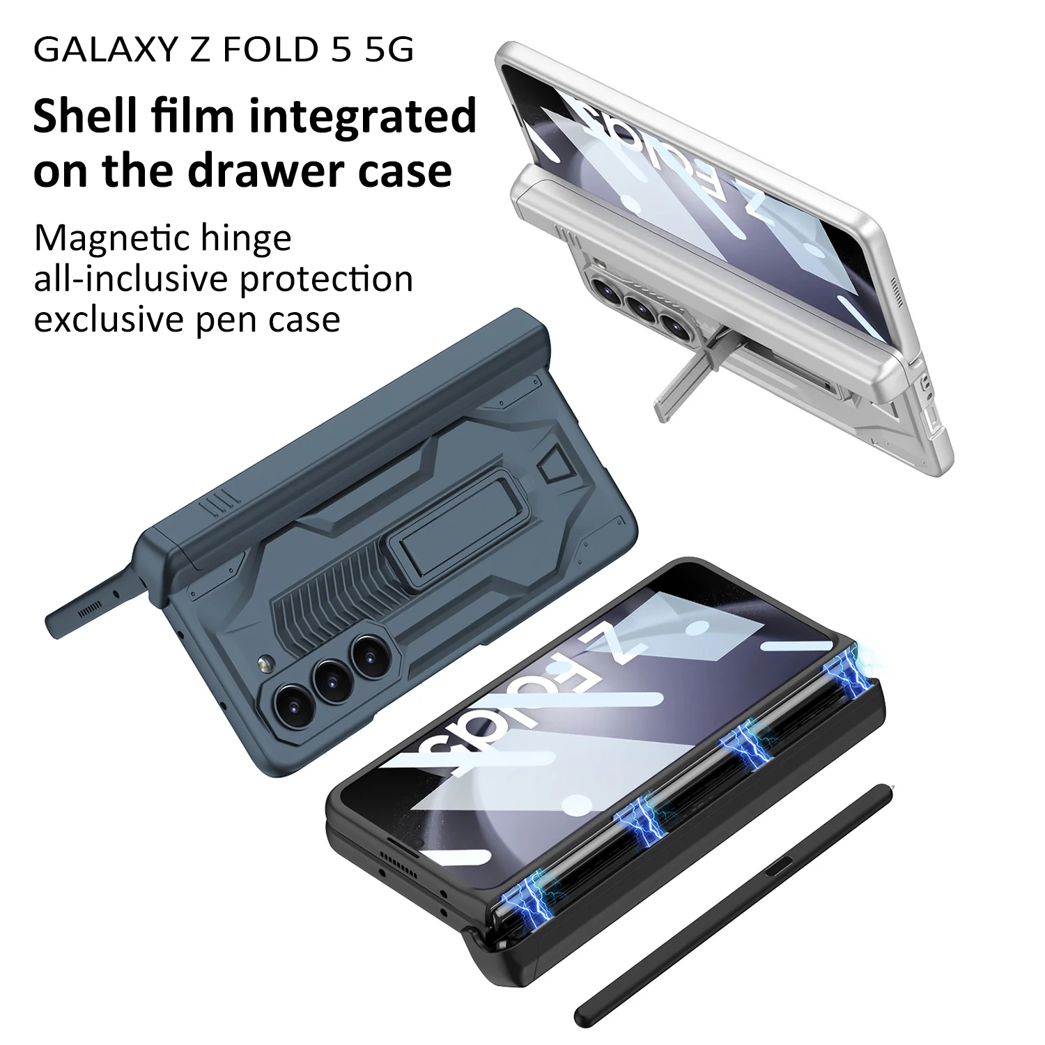 With S Pen Holder For Samsung Galaxy Z Fold 5 Case Hinge Magnetic Fold 4 3 Rugged Armor Kickstand Full Screen Protector Cover