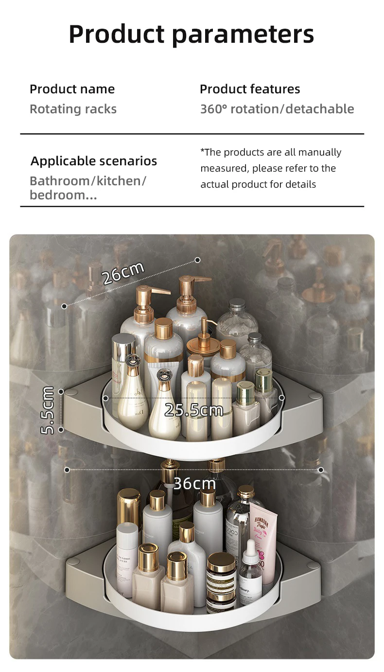 Description Picture 2 of itemPlastic Storage Turntable 360° Rotate No Drilling Bathroom Skincare Storage Wall Corner Shower Gel Storage Rack
