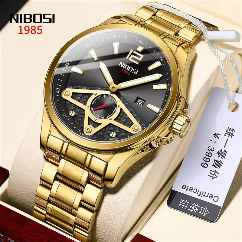 

Часы наручные NIBOSI Мужские кварцевые, модные брендовые Роскошные водонепроницаемые золотистые с браслетом из нержавеющей стали, с датой