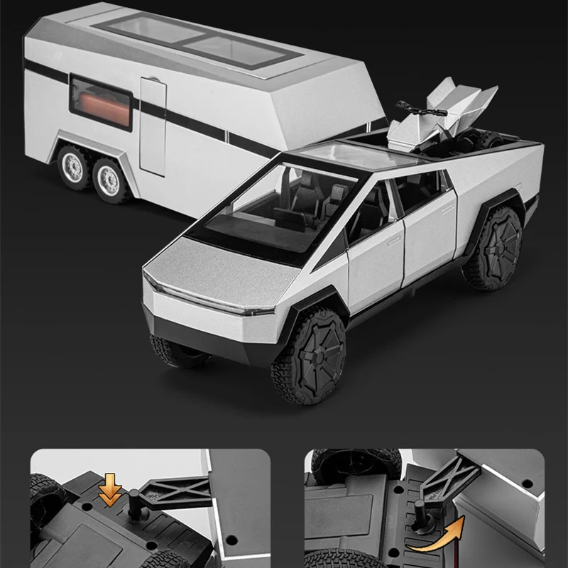 1/24 Cybers Truck Pickup Trailer Alloy Car Model Diecasts Metal Camper Van Motorhome Touring Car Model Sound Light Kids Toy Gift 2