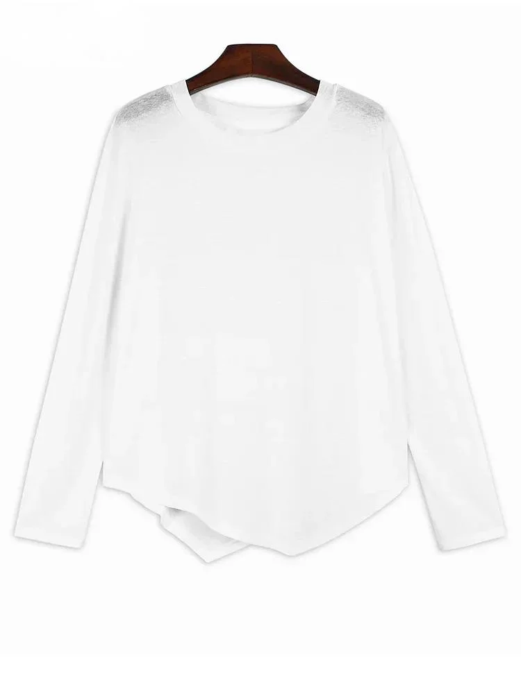 

Женская Повседневная футболка с длинным рукавом, черная или белая тонкая футболка с асимметричным подолом и круглым вырезом, модель X819 на весну и осень