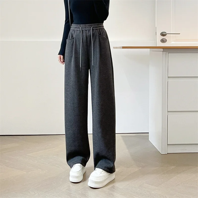 XXXXL Fashion Plus Size Women's Straight Pants New Winter Style Simple Fleece And Thickened Casual Wide Leg Trousers 8071