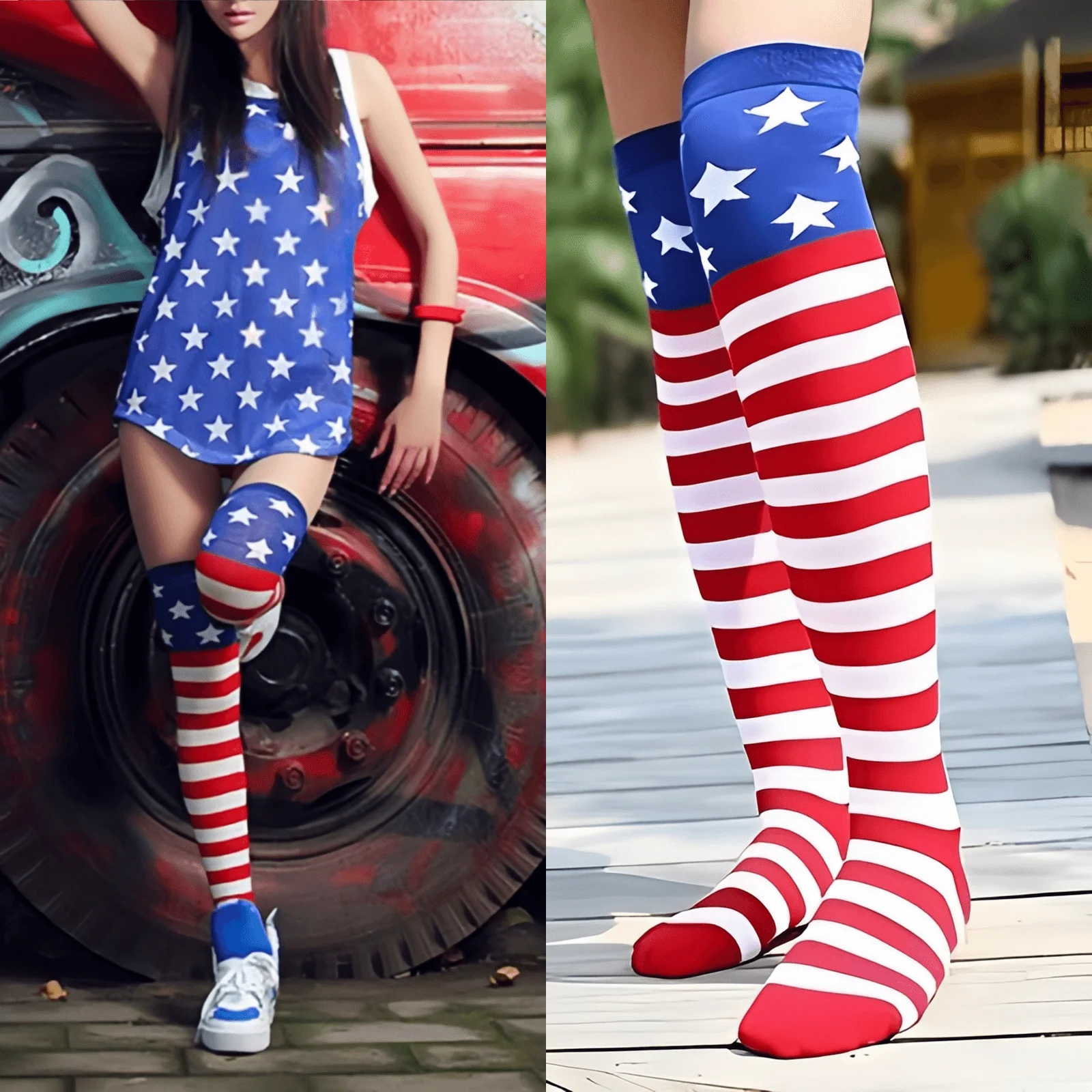 

American Flag Printed Stockings Hip Hop Style Over Knee Stockings Breathable Long Socks for Women Girls Free Size