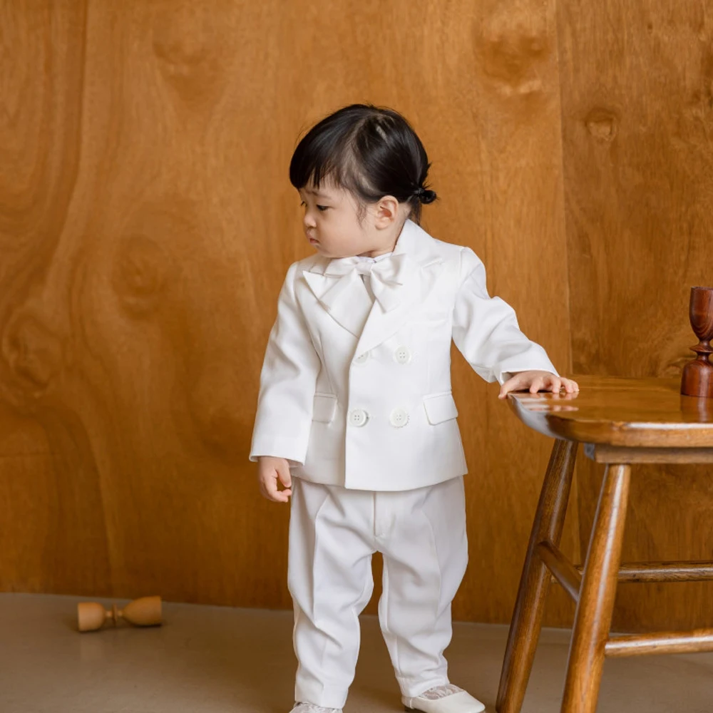 Kids Suit Shirt Strap Pant Bow Tie Clothing Set White Boys Photograph Suit School Children Piano Performance Dress Costume 5PCS