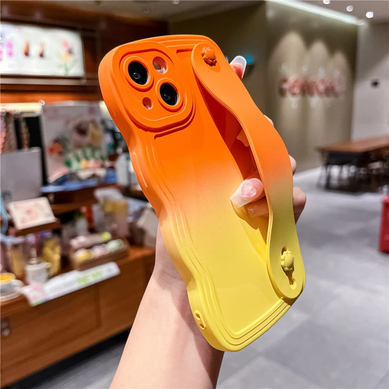 Liquid Silicone Gradient Phone Case With Wrist Strap For Iphone_voghion.com