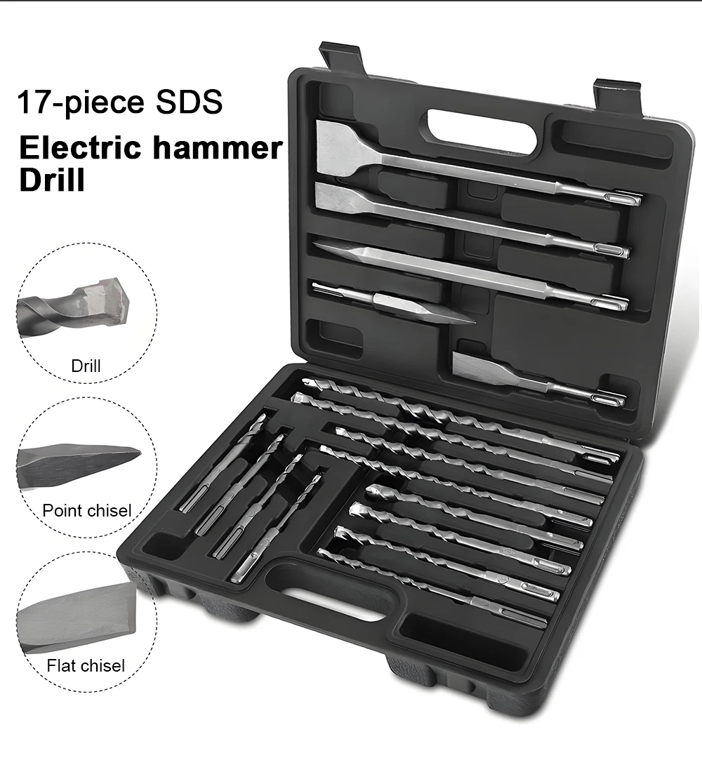 Impact Chisel Impact Drill Bit 17pcs Tool Set Durable Round Handle Cross Electri