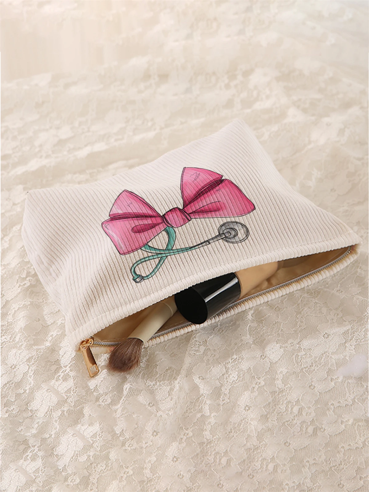 Butterfly pattern printed corduroy makeup bag, lightweight zipper makeup storage box, multifunctional bag with lining