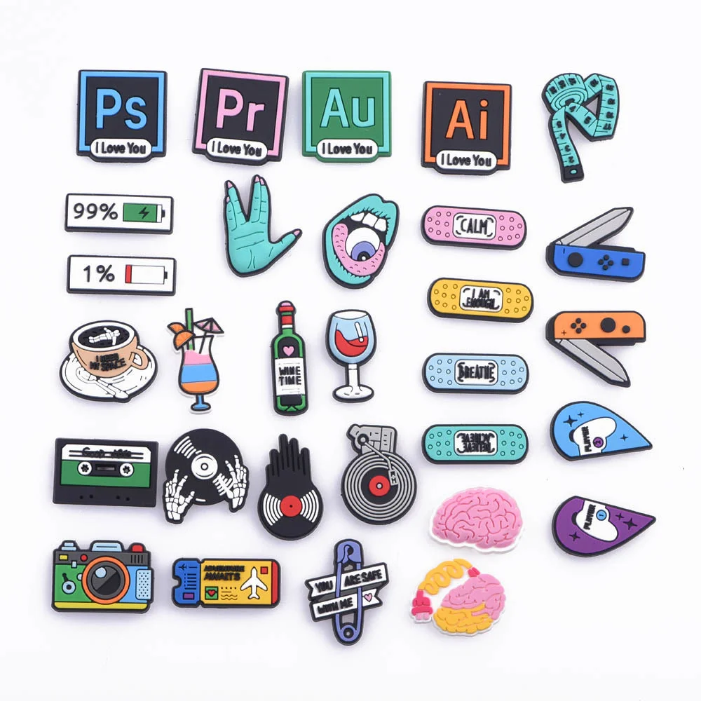 1 Pcs Music Croc Shoes Charms Camera Ticket Coffee Shoe Charm Accessories Cartoon Clog Shoes Musical Record Decoration Power Off