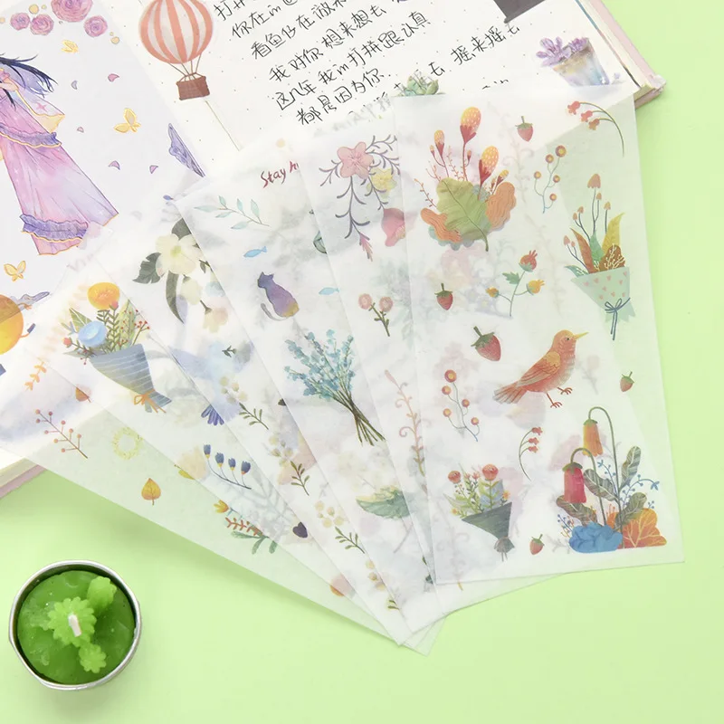 6 sheets/pack Cute Stickers Flower Cat Butterfly Washi Paper Stickers Pack Scrapbooking Supplies Japanese Kawaii Stationery