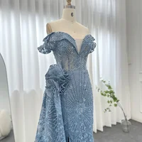 Luxury Dubai 3D Flowers Mermaid Blue Evening Dresses With Overskirt Elegant Plus Size Woman Wedding Party Gown SCZ188 1