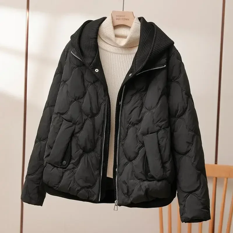 M-3XL Hooded Zipper Parkas Women Fake Two Piece Clothing Windbreak Warm Fashion Kpop Casual 4-Colors Pockets Vintage Minimalist