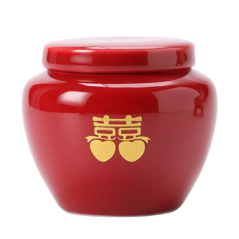Ceramic Red Double Happiness Sealed Tea Candy Dish, Food Storage Jar, Chinese Traditional Red, Wedding Party Supplies, Gifts