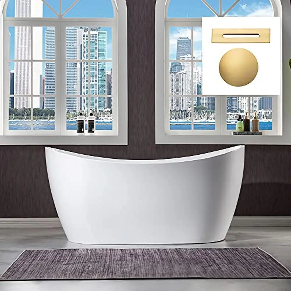 Contemporary White Acrylic Bathtub 59" Soaking Tub with Brushed Gold Overflow and Drain Non-Slip Design High Gloss LUCITE 3
