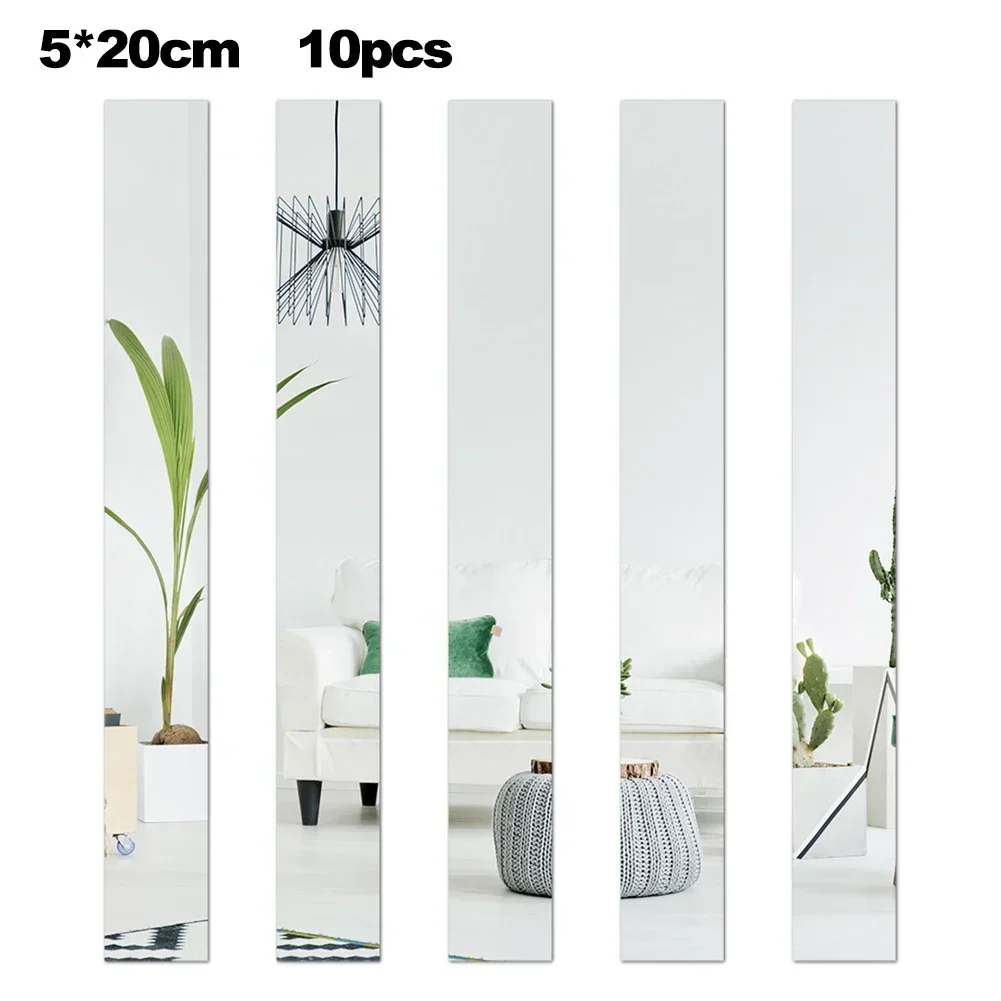 10PC Long Strip Acrylic Mirror Wall Sticker 5*20CM Self Adhesive Mosaic Sticker Living Room Background Wall Waistline Home Decor