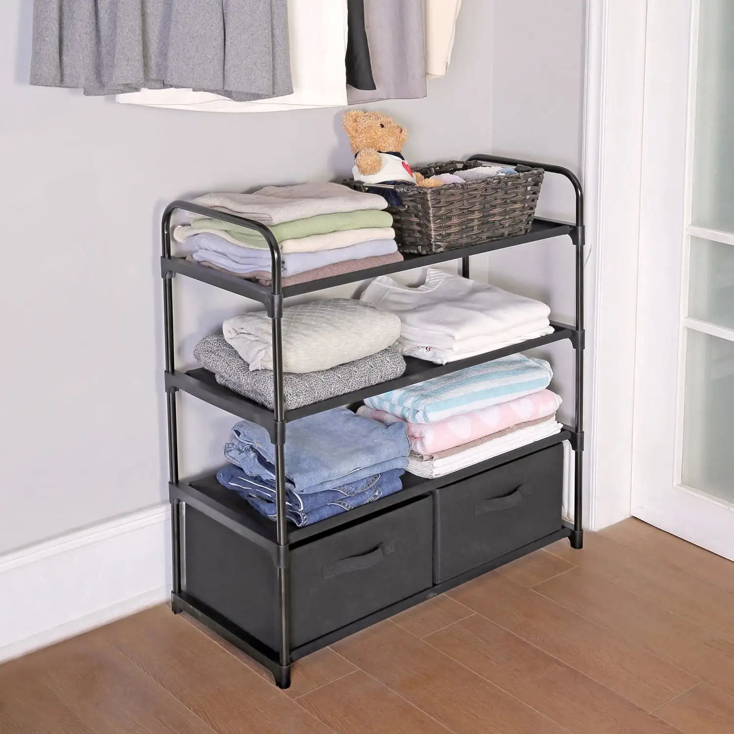 

Mainstays 4 Shelf Closet Organizer with 2 Bins, Black, Metal Frame, Adult and Child