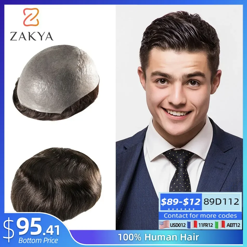 Mens Wig Human Hair Toupee 0.02-0.04mm Super Thin Skin Man Capillary Prosthesis Natural Hairpiece Male Replacement System Unit human hair toupee