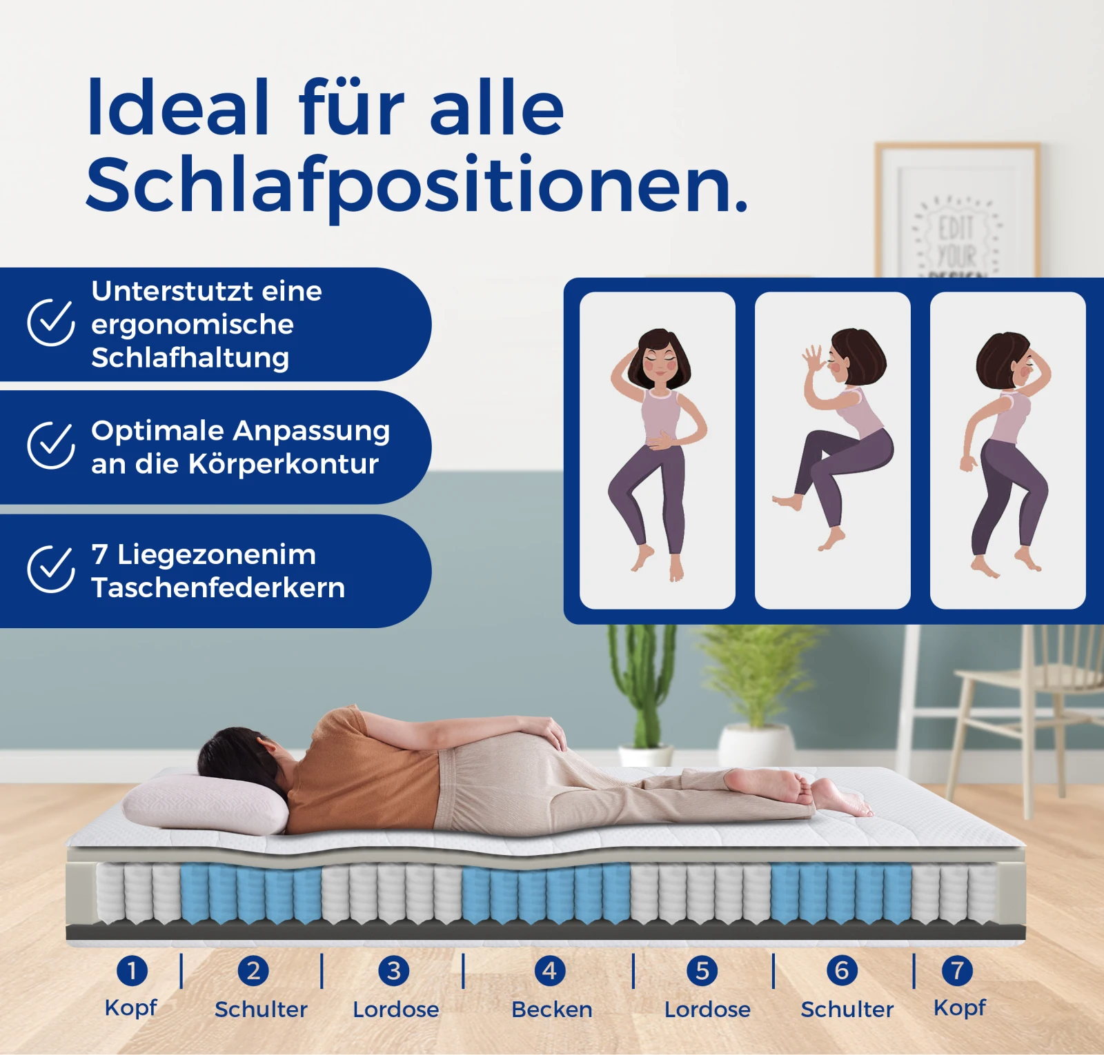 Rosahqnda Matratze 90/120/140 x 200 cm Taschenfederkernmatratze Festigkeitsstufe H3,7 Zonen Matratze Höhe 20 cm Schaumstoffmatratzen, kein Bett – Detail 20
