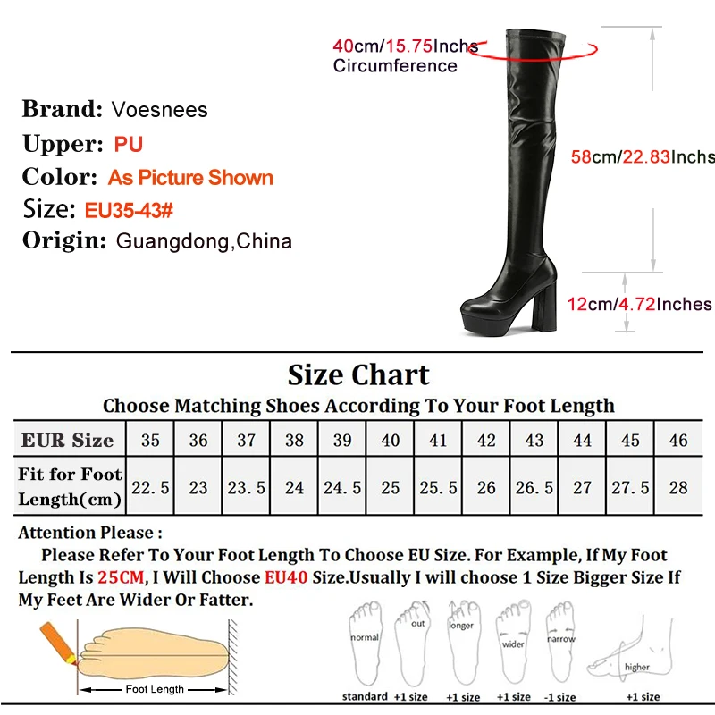 Female Thigh Boots Stretch Leather 12CM Square Heel Platform Boots For Women's Over-the-Knee Europe and America Lareg Size Shoes