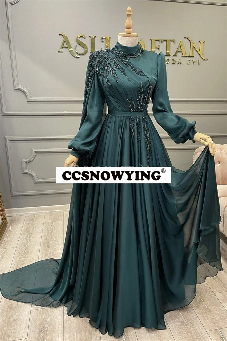 

Muslim Chiffon Appliques Evening Dresses Long Sleeve Islamic Hijab Formal Party Gown Women Saudi Arabia Robe De Soiree