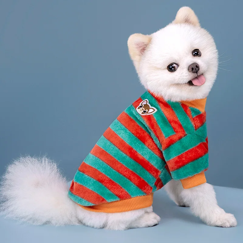 줄무늬 패턴 애완동물 하의 셔츠 소형견 옷 다양한 색상의 후드티 두꺼운 플리스 스웨터 고양이와 강아지 옷