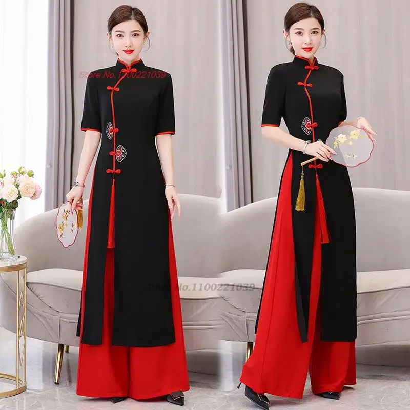 

2024 traditional vietnam ao dai vintage dress+pants set national flower embroidery cheongsam dress aodai banquet evening dress