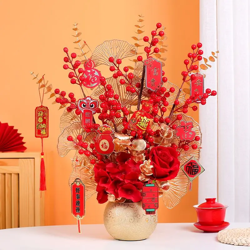 

Red Fortune Fruit Ceramic Vase Fake Flower Arrangement Decoration Home Livingroom Furnishing Crafts Housewarming Wedding Gifts