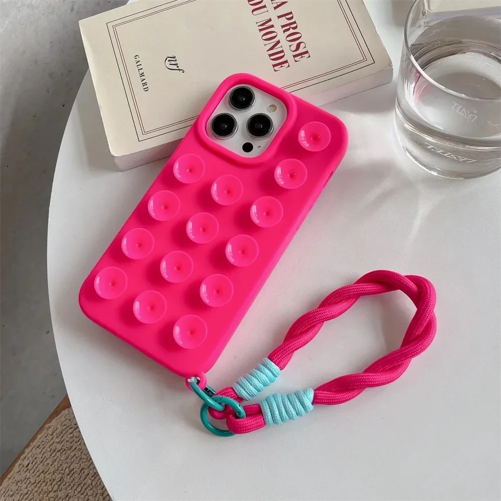 Charming Suction Cup Wrist Strap Case with Lanyard - Soft Liquid Silicone Solid Color Cover