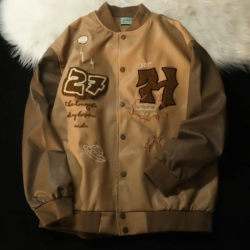 

New American embroidered baseball uniform jacket male ins trend loose hip-hop all-match couple jacket PU leather jacket female