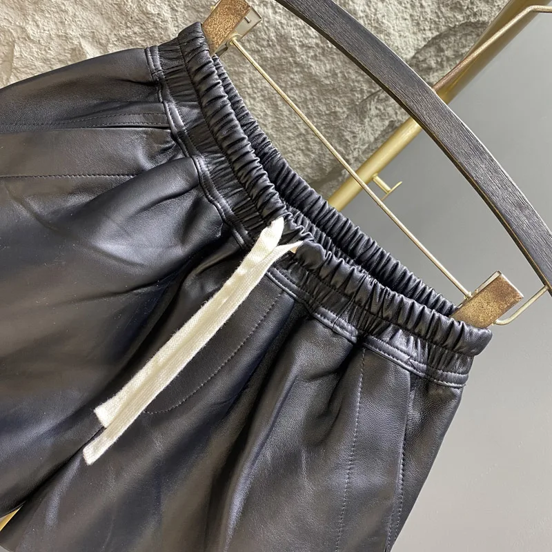 Spring Autumn Fashion Black White Color Matching Drawstring PU Leather Shorts Women's Loose Casual Elegant Split Wide-Leg Pants