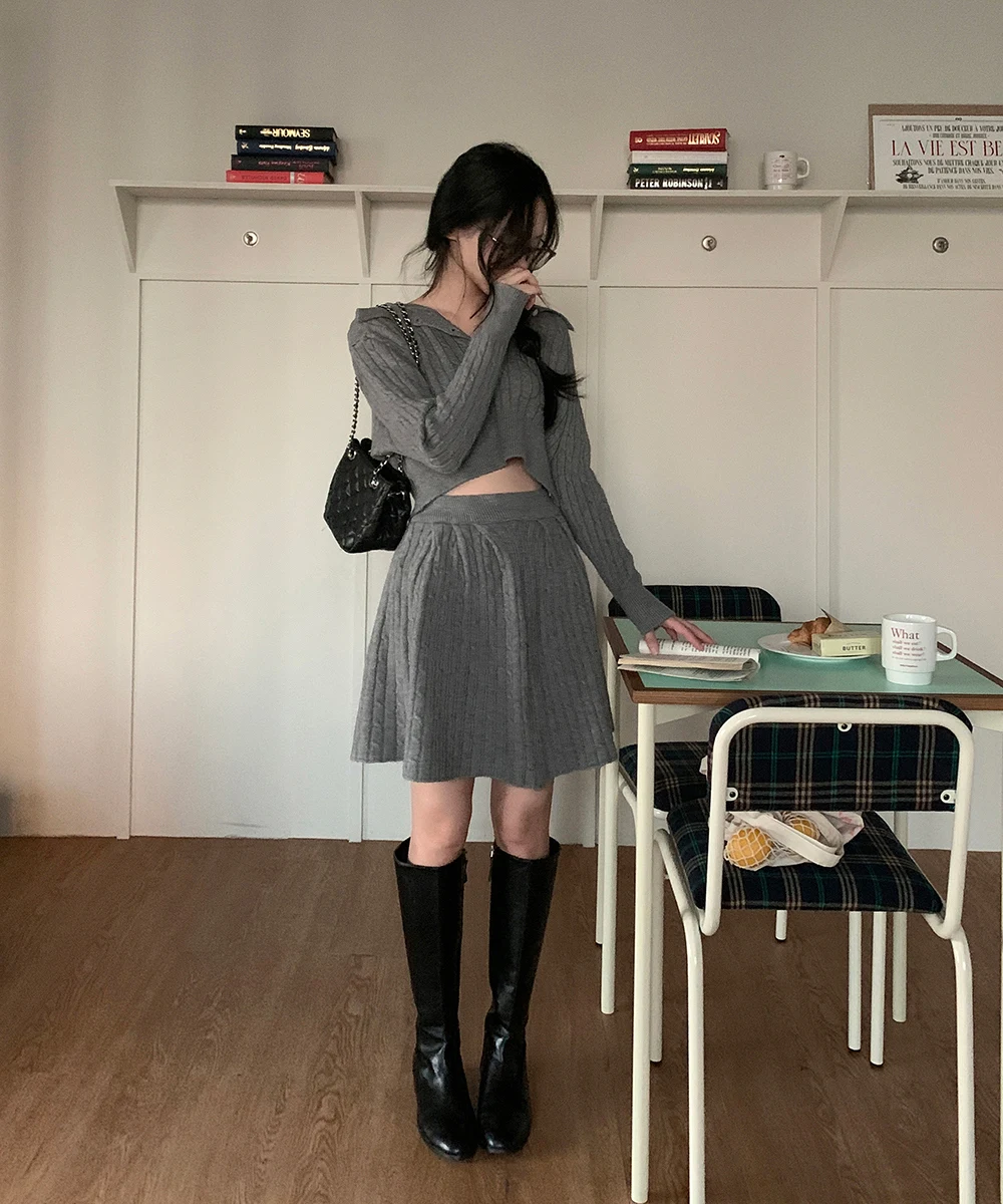 Korean Fashion Two-piece Set Women Pullover Turn-down Collar Crop Top Mini Skirt Solid Casual Suit Autumn New Knitwear Outfits