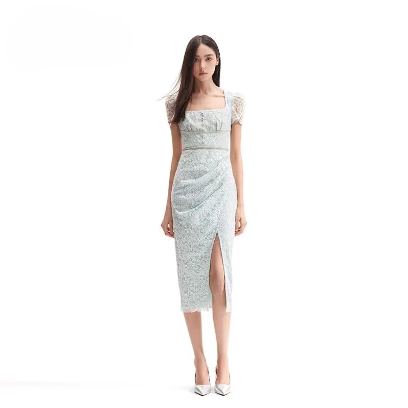 

Women 2024 Summer New Square Collar Lace Diamond Trim Waist Slit Long Dress