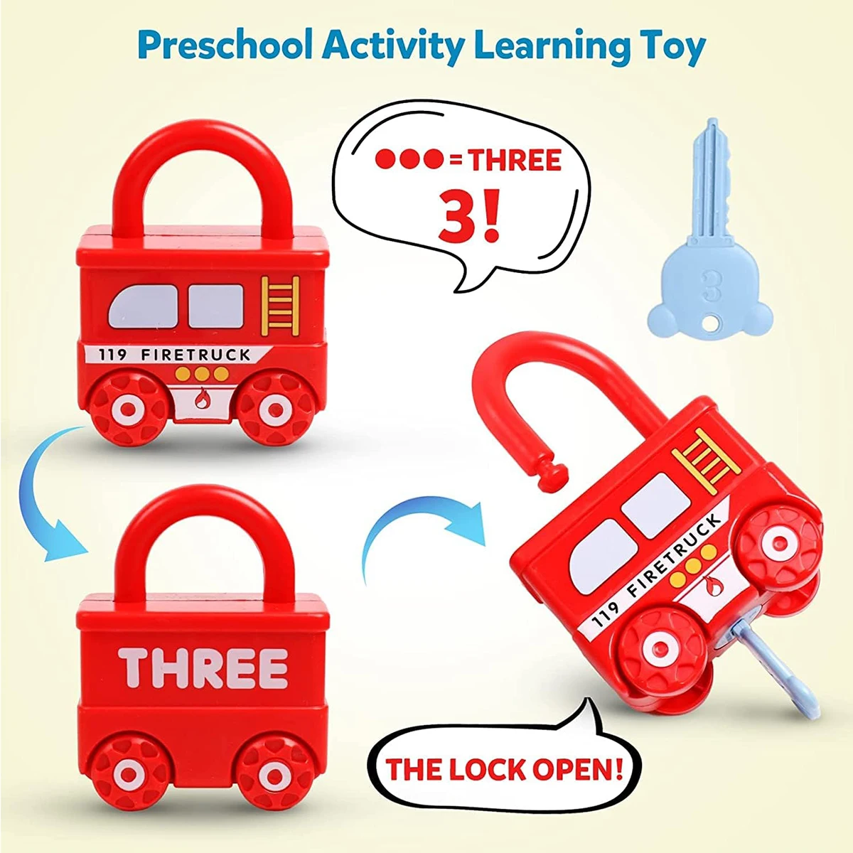 3Pcs Early Learning Lock Unlock Car Train Toy with Keys Kids Montessori Math Motor Skill Educational Toys Birthday Xmas Gift