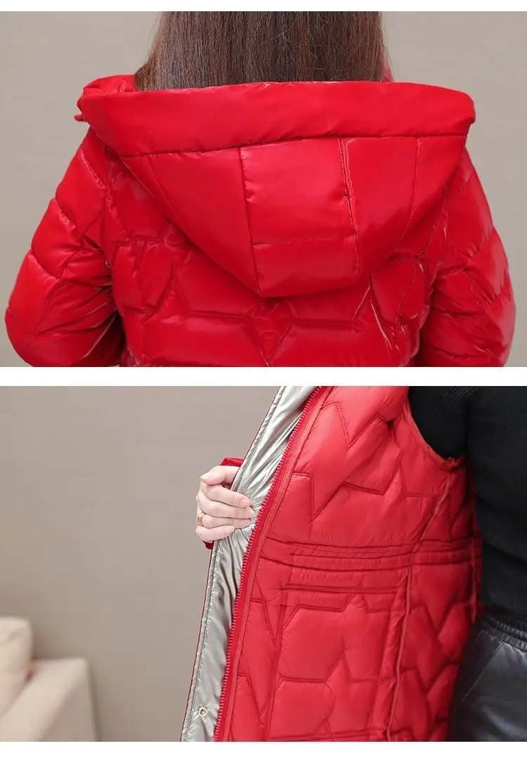 New Women's Down Cotton Coat Winter Warm Jacket Long Thick Bright Face Wash Padded Jackets Female Hooded Parker Overcoat Red 5XL