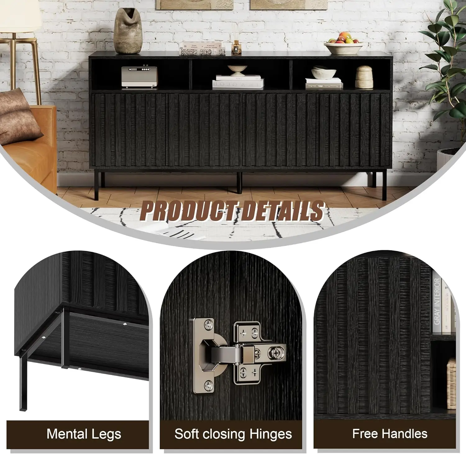 Buffet Cabinet with Storage, 61.4'' Fluted Sideboard,Wood Buffet with Metal Legs 4 Doors and Spacious Top(Black)