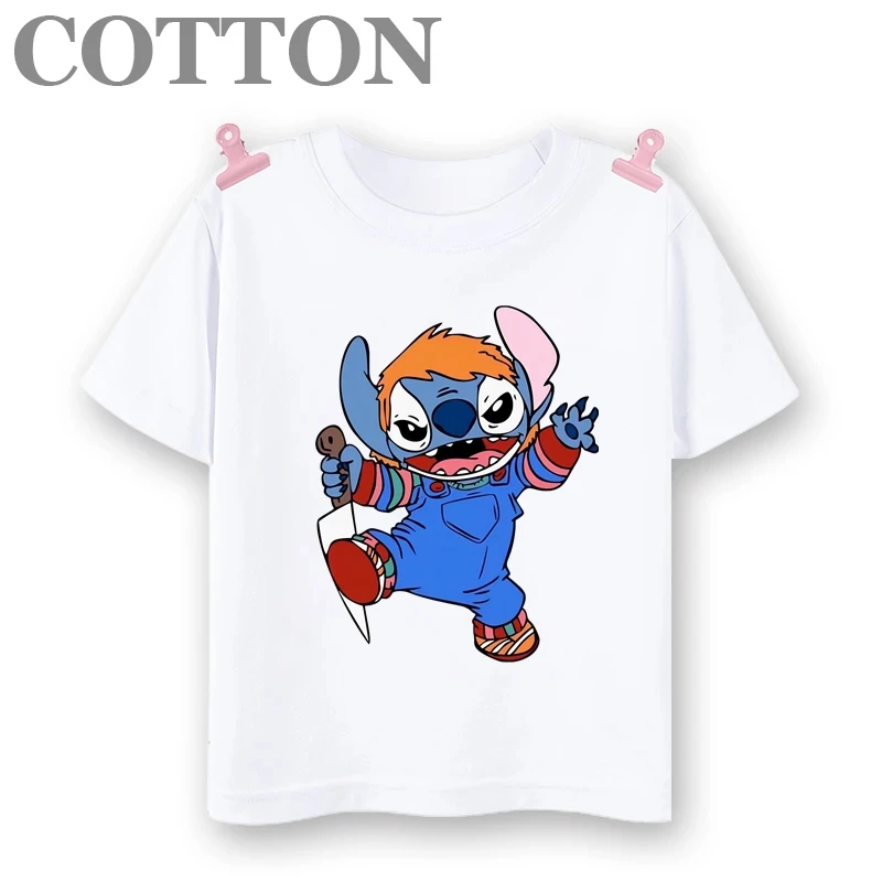 thumbnail image 1 of 2024 Disney Anime Stitch Moda Verano Niños Múltiples Dibujos Animados Algodón Camisetas Cuello Redondo Casual Manga Corta Estampado Patrón, 1 of 5