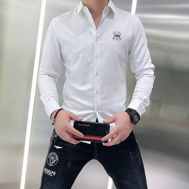 Men shirt long sleeve  spring and autumn personalized letter printing fashion handsome Joker slim shirts and blouese