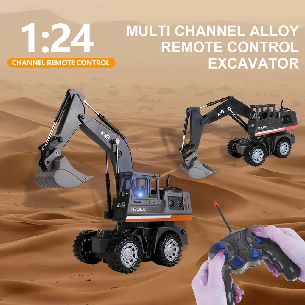 

New 2023 1:24 5CH Remote Control Excavator Engineering Car Metal Head High Tech Vehicle Model For Children RC Trucks Gift TOY