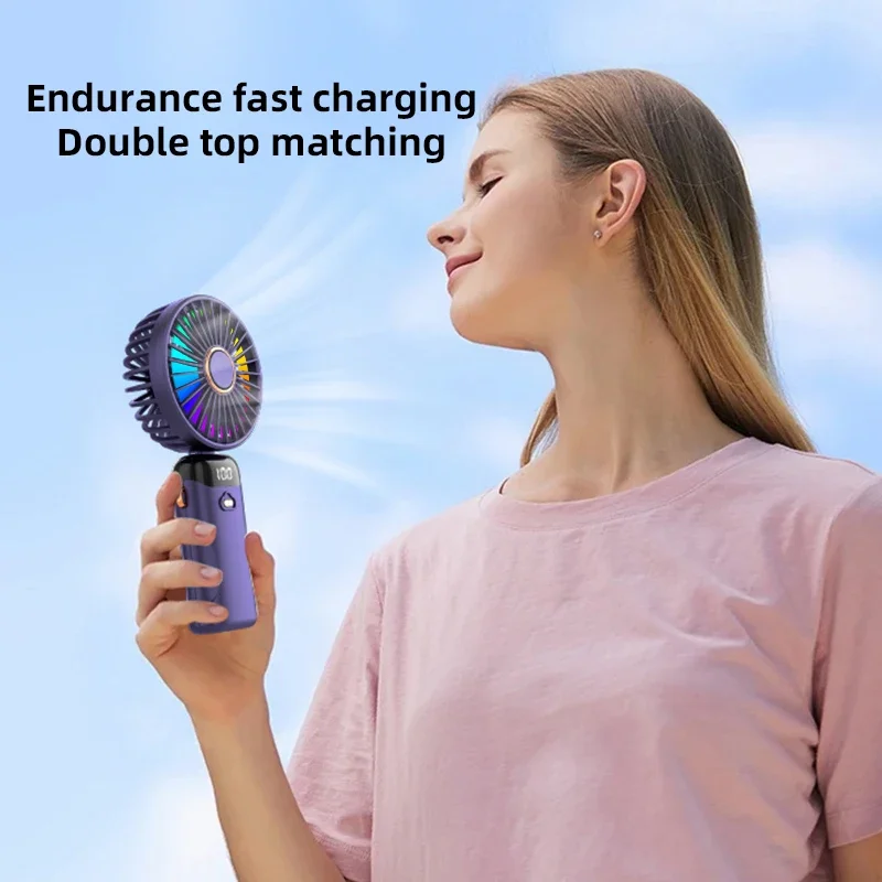 Handheld Mini LED Fan Foldable Portable Desk Outdoor Neck Hanging 6 Speed Colorful Rechargeable Fan Phone Stand Display Screen