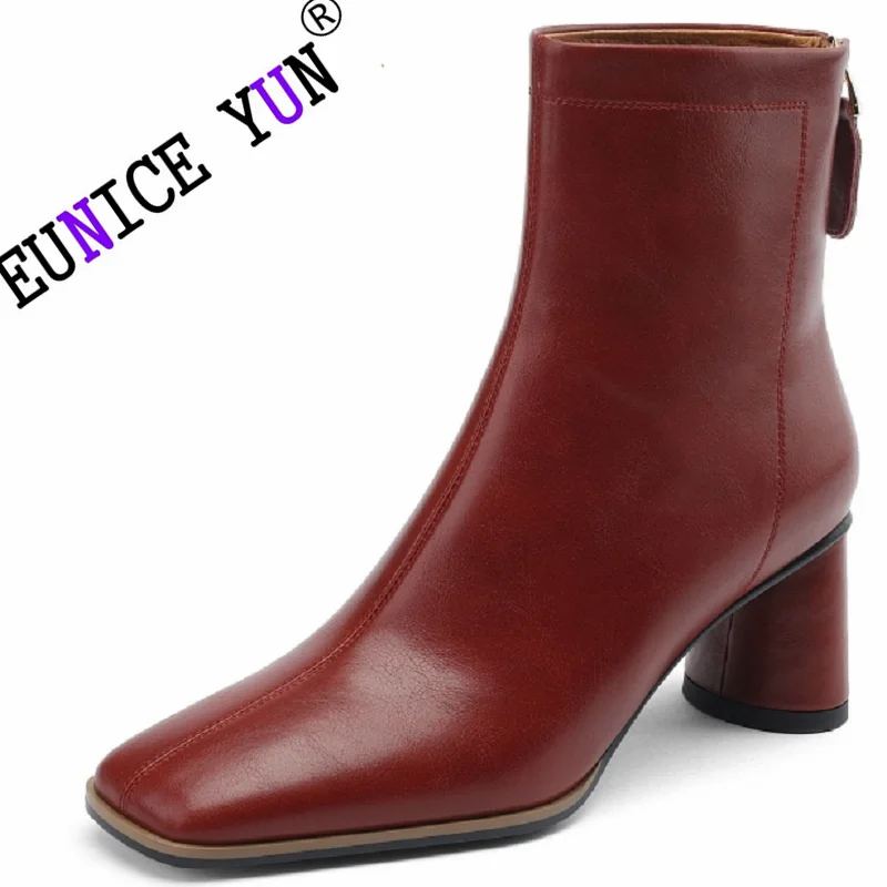 

【EUNICE YUN】Vintage Mature Women Ankle Boots Concise Genuine Leather Square Toe Thick Heels Autumn Winter Shoes Office Ladies