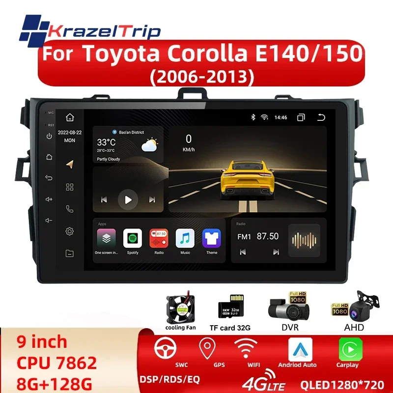 Idoing 9inch Android 12 Radio Head Unit For Toyota Corolla 10 E140 E150 2006-2013