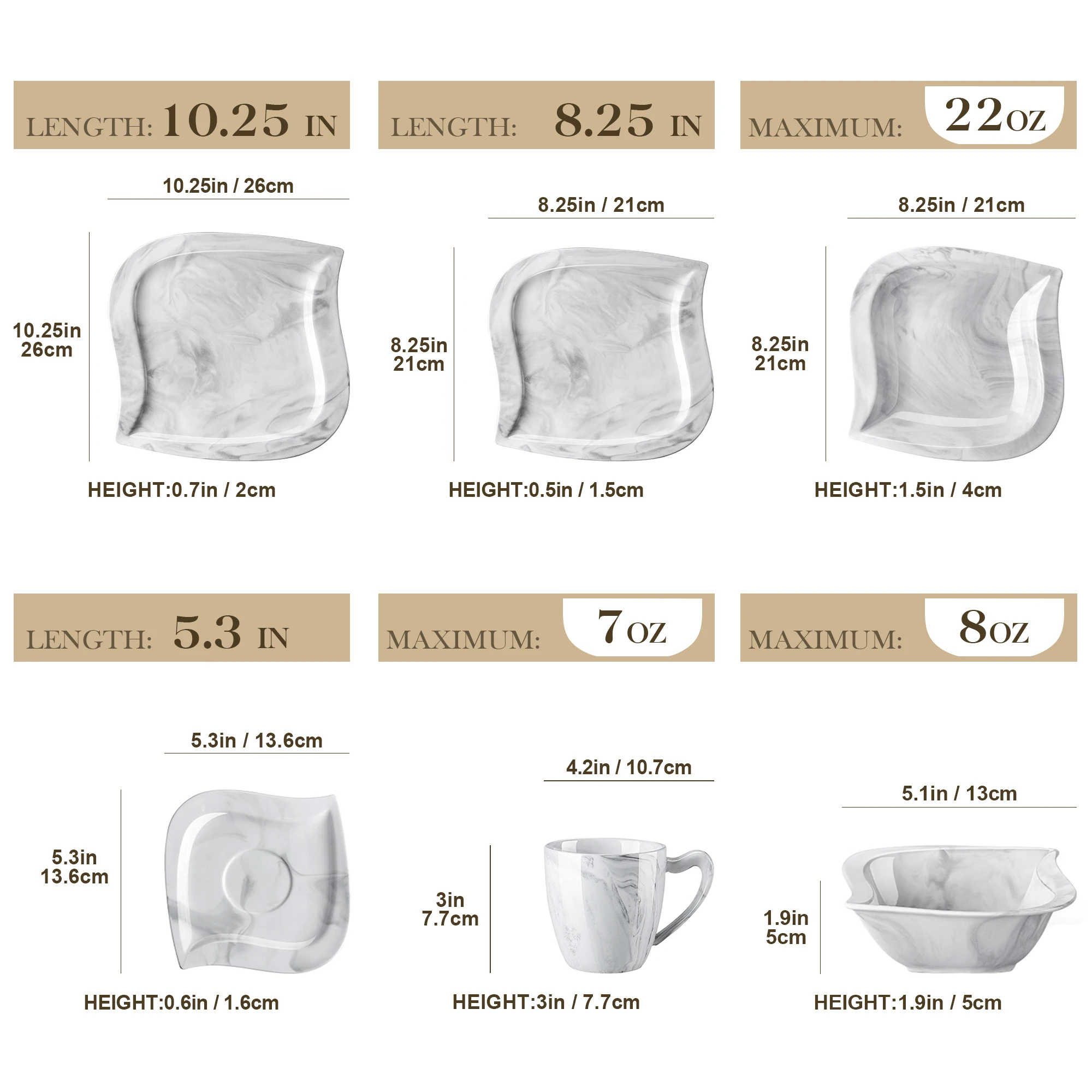 MALACASA 36-teiliges Geschirrset aus elfenbeinweißem Marmor und grauem Keramikteller-Set mit 6-teiligem Speiseteller/Dessert/Suppe/Tasse/Untertasse/Schüssel – Detail 3