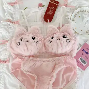 Japanese Kawaii Plush Women Bra Set Cute Girl Cat Comfortable Bra Set Cartoon Underwear Lovely Soft Student Lingerie 4