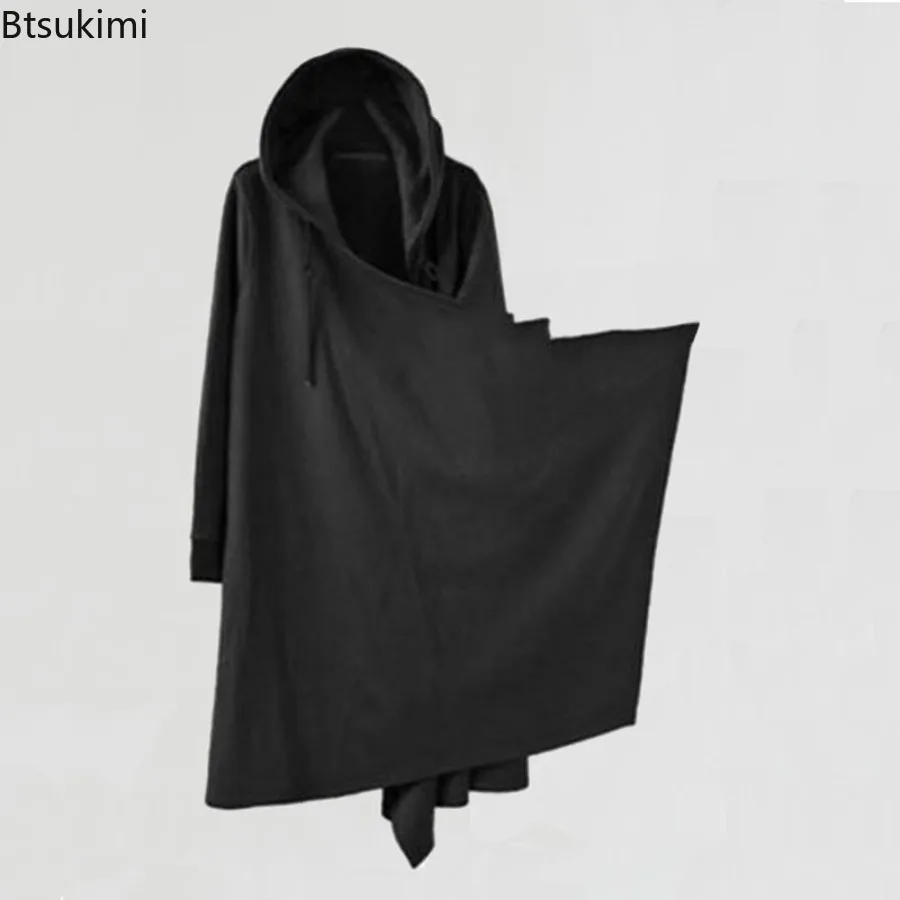 Spring Autumn New Men Ribbons Patchwork Punk Hip Hop Long Trench Coat Hooded Cloak Men Black Techwear Vlevet Jacket Overcoat