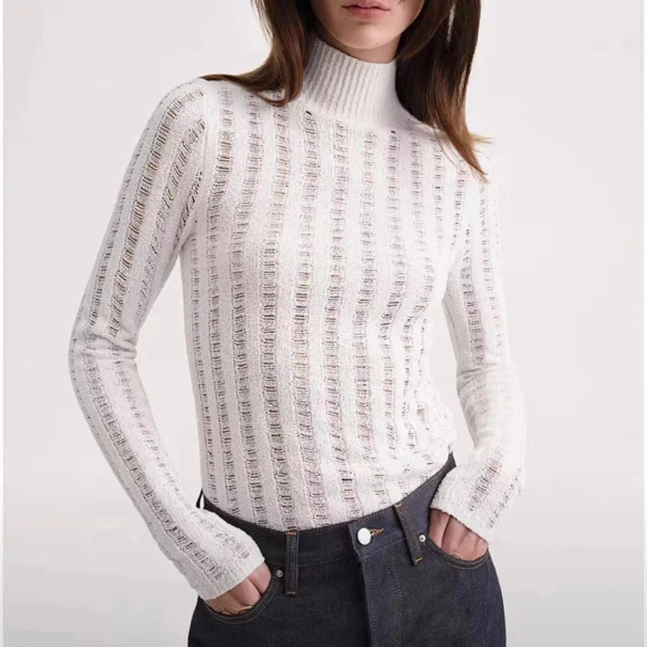 

T0te-Women's Long Sleeved Half High Collar Pullover, Bottom Knit Shirt, Silk Tops, Slim Fit, Spring, Summer