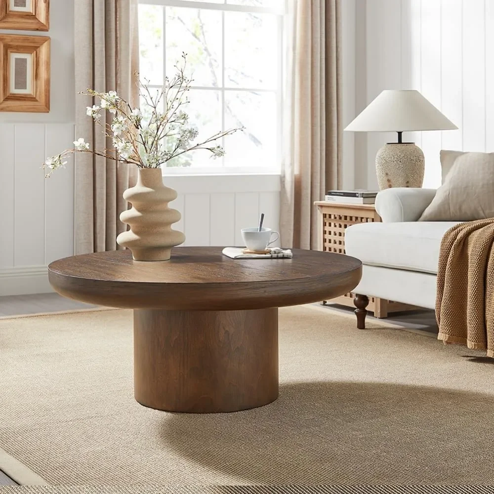 Round Wood Coffee Table for Living Room Modern Circle Coffee Table Pedestal Center Table for Apartment, Easy Assembly Brown 6