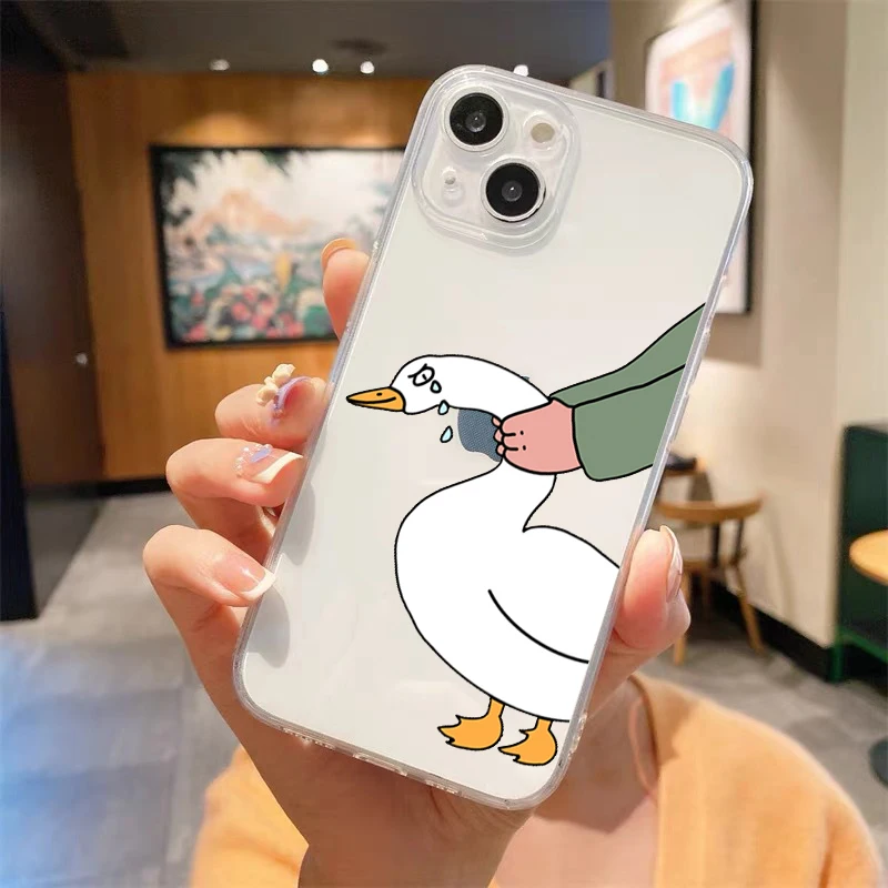 Cute Duck Cartoon Doubt Transparent Phone Case For iPhone 15 14 13