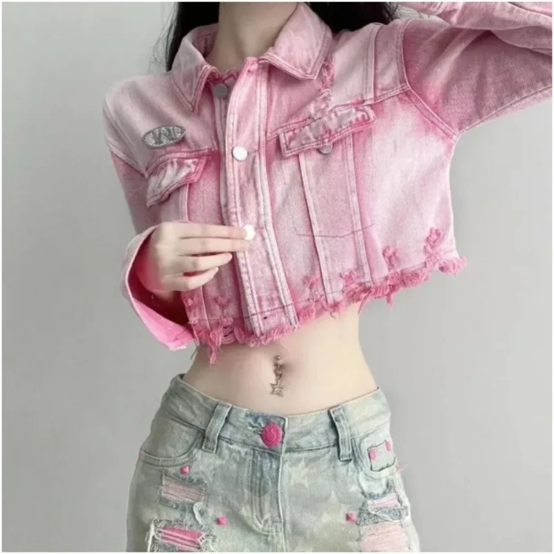 Y2k Spring Hottie Pink Washing Hole Cowboy Short Coat Loose Fashion Jacket Ins Tops Single Row Buckle Lapel Collar Grunge