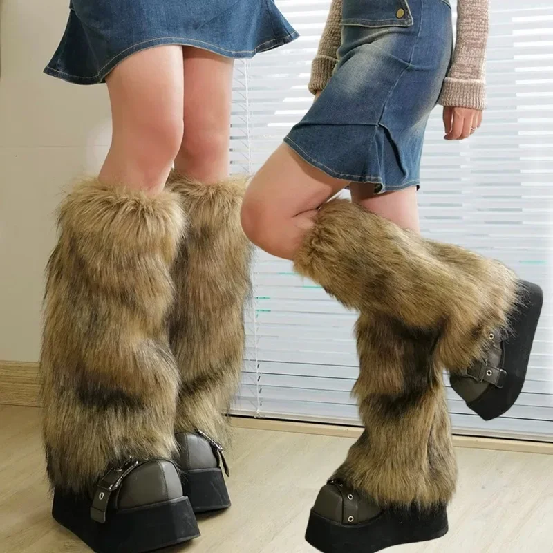 Y2k Vintage Brown Imitation Fur Leg Warmers Winter Warm Boots Socks Fashion Punk Boot Covers Hosiery