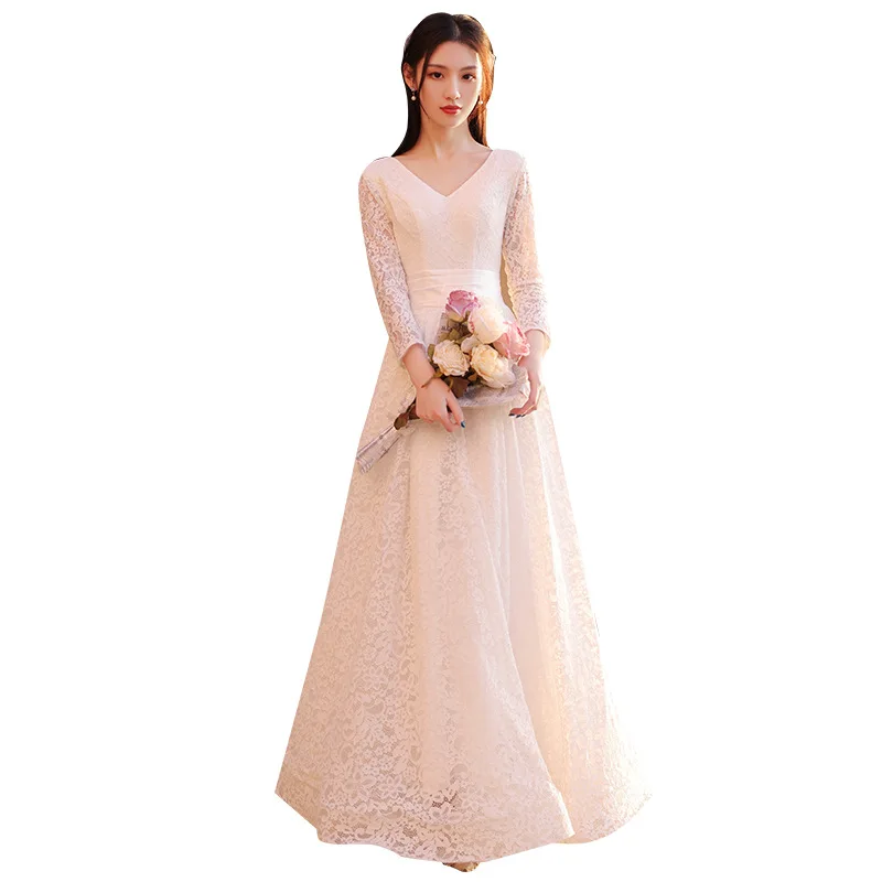 Customized Elegant Lace Wedding Dress With Sleeve Sexy V-neck Flowers Robe De Mariee New Floor-length Simple Bride Dress 6
